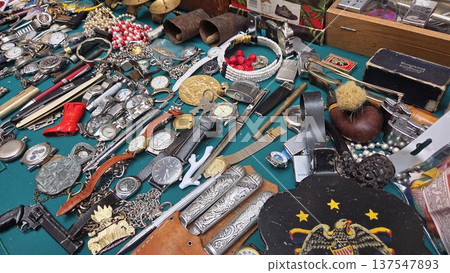 Vintage collection of antiques and collectibles at a flea market display. Rastro. Madrid. Spain Vintage collection of antiques and collectibles at a flea market display. Rastro. Madrid. Spain 137547893