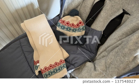 Cozy winter accessories for children in stroller setting 137548027