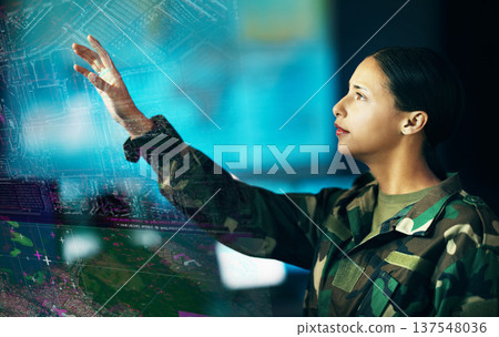 Map, location and a military woman using a dashboard for security, strategy or surveillance in a control room. Army, digital and double exposure with a young soldier looking at a 3D or AI hologram Map, location and a military woman using a dashboard for security, strategy or surveillance in a control room. Army, digital and double exposure with a young soldier looking at a 3D or AI hologram 137548036