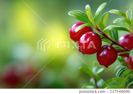 Close up of Fresh Lingonberries Growing in Garden With Green Leaves and Soft Background Close up of Fresh Lingonberries Growing in Garden With Green Leaves and Soft Background 137548090