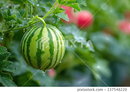 Close up of Watermelon Berries Growing in a Garden With Moisture Droplets Close up of Watermelon Berries Growing in a Garden With Moisture Droplets 137548220