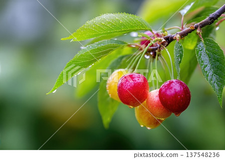 Close up of Sour Cherry Growing in the Garden With Green Leaves in Fresh Summer Close up of Sour Cherry Growing in the Garden With Green Leaves in Fresh Summer 137548236