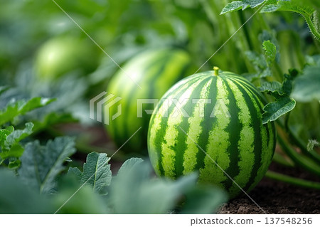 Close up View of Growing Watermelon in Garden With Green Leaves and Space for Text Close up View of Growing Watermelon in Garden With Green Leaves and Space for Text 137548256