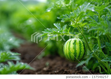 Growing Watermelon in Garden With Green Leaves and Soil in Background 137548257