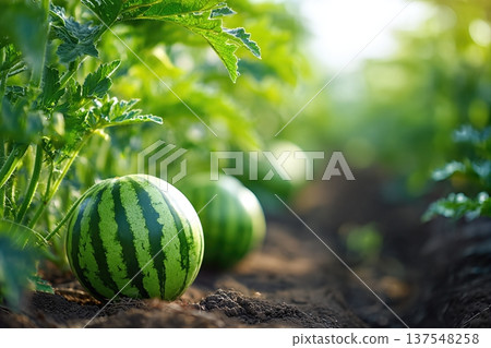 Watermelon Grows in Garden Close up With Space for Text and Green Plants Around Watermelon Grows in Garden Close up With Space for Text and Green Plants Around 137548258