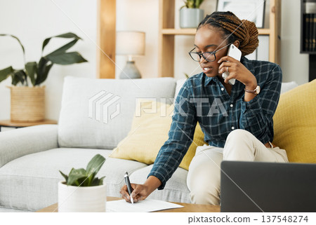 Woman, sofa and phone call for documents, paper signature or contract advice, policy and insurance. Young african person at home writing, talking on mobile and financial, taxes or loan application 137548274