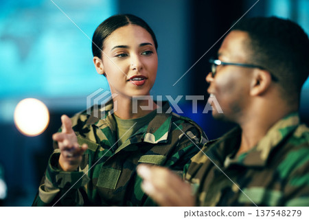 Night, teamwork and people in army with a strategy, cyber security or military communication. Data center, war and a black man speaking to a woman about government secret, surveillance or system Night, teamwork and people in army with a strategy, cyber security or military communication. Data center, war and a black man speaking to a woman about government secret, surveillance or system 137548279