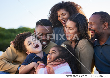 Children, parents and grandparents laughing outdoor at park to relax for summer vacation. African men, women and kids or funny family together for holiday with love, care and fun bonding in nature Children, parents and grandparents laughing outdoor at park to relax for summer vacation. African men, women and kids or funny family together for holiday with love, care and fun bonding in nature 137548280