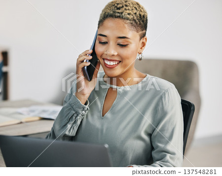 Business woman, phone call and networking in a office with corporate work and conversation at law firm. Laptop, African female professional and employee with communication and lawyer talk at job Business woman, phone call and networking in a office with corporate work and conversation at law firm. Laptop, African female professional and employee with communication and lawyer talk at job 137548281