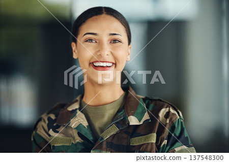 Happy, portrait and a woman in the army for service, war training or soldier in clothes. Smile, security and a female military veteran or girl in gear or uniform for battle, trust or in the navy Happy, portrait and a woman in the army for service, war training or soldier in clothes. Smile, security and a female military veteran or girl in gear or uniform for battle, trust or in the navy 137548300