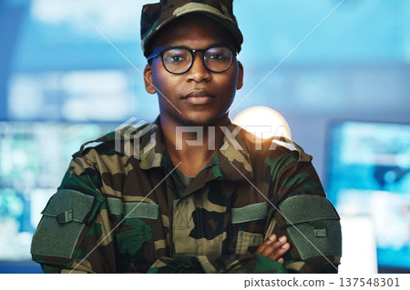 Control room, military and portrait of man for surveillance, tracking operation and national security. Army, government and soldier online for cybersecurity, communication network and monitoring duty Control room, military and portrait of man for surveillance, tracking operation and national security. Army, government and soldier online for cybersecurity, communication network and monitoring duty 137548301