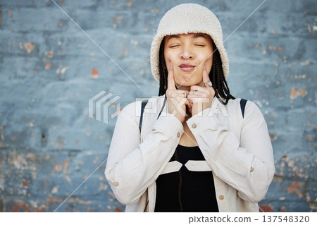Emoji, fashion and face of woman in city with trendy clothes, accessories and style with pose. Cute, beauty and person on wall background outdoors for holiday, vacation and weekend in urban town Emoji, fashion and face of woman in city with trendy clothes, accessories and style with pose. Cute, beauty and person on wall background outdoors for holiday, vacation and weekend in urban town 137548320