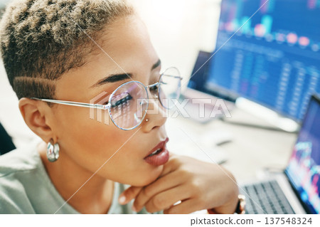 Computer, investment and face of business woman reading IPO analytics, financial bank numbers or accounting info. Trade investor, administration data analysis and corporate person monitor statistics 137548324