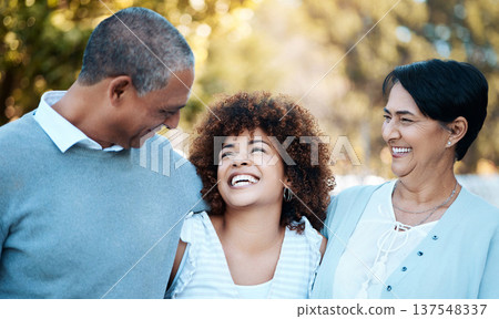 Love, happy and woman with senior parents in an outdoor park for adventure, holiday or weekend trip. Laugh, smile and young female person hugging with her elderly mom and dad in field from Mexico. Love, happy and woman with senior parents in an outdoor park for adventure, holiday or weekend trip. Laugh, smile and young female person hugging with her elderly mom and dad in field from Mexico. 137548337
