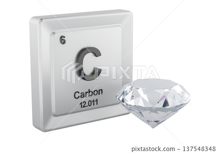 Carbon element tile with faceted diamond gemstone. 3D rendering Carbon element tile with faceted diamond gemstone. 3D rendering 137548348