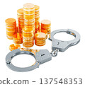 Handcuffs and stacks of gold coins. Corruption, bribery, fraud, and financial crime investigation, concept. 3D rendering 137548353