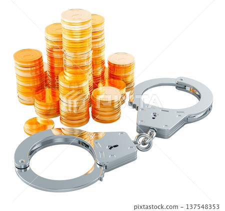 Handcuffs and stacks of gold coins. Corruption, bribery, fraud, and financial crime investigation, concept. 3D rendering 137548353
