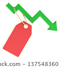 Price drop, discount, markdown, and falling market value. Discount tag hanging from downward price arrow, 3d rendering 137548360