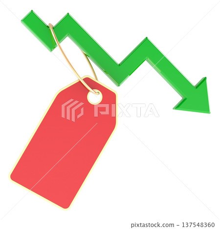 Price drop, discount, markdown, and falling market value. Discount tag hanging from downward price arrow, 3d rendering Price drop, discount, markdown, and falling market value. Discount tag hanging from downward price arrow, 3d rendering 137548360