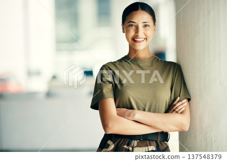 Portrait on woman soldier with smile, arms crossed and mockup and relax outside army building with confidence. Professional military career, security and courage, girl in uniform at government agency Portrait on woman soldier with smile, arms crossed and mockup and relax outside army building with confidence. Professional military career, security and courage, girl in uniform at government agency 137548379