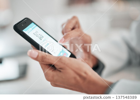 Doctor, hands and code on screen of phone with mobile app, results and click online for vaccine verification or information. Scroll, cellphone and healthcare website, ux and medical barcode or test Doctor, hands and code on screen of phone with mobile app, results and click online for vaccine verification or information. Scroll, cellphone and healthcare website, ux and medical barcode or test 137548389