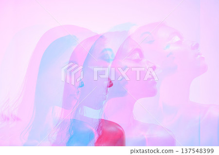 Neon, double exposure and woman profile with art, creative and color lighting for style in studio. Female model, cosmetics and overlay with glow, makeup and person with freedom and pink background Neon, double exposure and woman profile with art, creative and color lighting for style in studio. Female model, cosmetics and overlay with glow, makeup and person with freedom and pink background 137548399