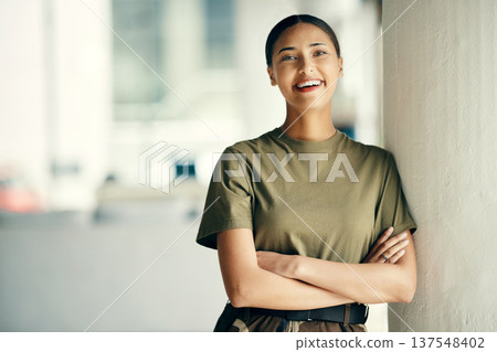 Portrait of happy woman soldier with confidence, pride and mockup outside army building with arms crossed. Professional military career, security and courage, girl in uniform at government agency. 137548402