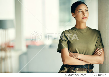 Army, idea and arms crossed with a woman soldier in uniform for safety, service or patriotism Military, thinking and a serious young war hero looking confident or ready for battle in camouflage Army, idea and arms crossed with a woman soldier in uniform for safety, service or patriotism Military, thinking and a serious young war hero looking confident or ready for battle in camouflage 137548404