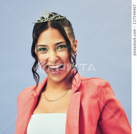 Princess, beauty and portrait of woman with crown in studio for glamour, luxury and winning prize. Excited, wow and person with tiara for fashion pageant, winner and cosmetics on purple background Princess, beauty and portrait of woman with crown in studio for glamour, luxury and winning prize. Excited, wow and person with tiara for fashion pageant, winner and cosmetics on purple background 137548407