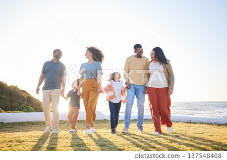Nature field, walking and happy family holding hands, bonding and connect with countryside holiday, wellness and love. Summer, freedom and relax children, mother and father support, care and journey 137548408