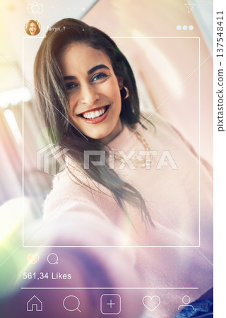 Portrait, selfie and social media with a woman influencer on screen for a profile picture, status update or post. Mobile, frame and fashion with a young content creator on a display for impressions Portrait, selfie and social media with a woman influencer on screen for a profile picture, status update or post. Mobile, frame and fashion with a young content creator on a display for impressions 137548411