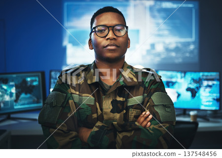 Military, surveillance and portrait of man with arms crossed in security, control room and monitor government, operation or mission. Army, employee and face with pride, confidence and working in tech Military, surveillance and portrait of man with arms crossed in security, control room and monitor government, operation or mission. Army, employee and face with pride, confidence and working in tech 137548456