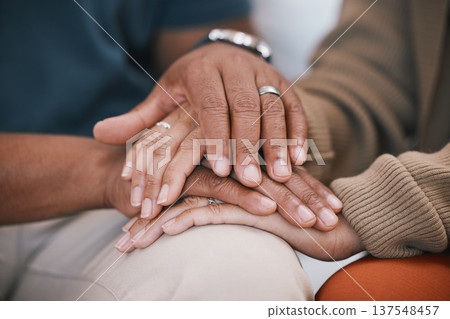 Hands of couple in therapy for marriage counselling, support and love with relationship advice. Trust, man and woman with embrace, healthy communication and mental health healing with psychology help 137548457