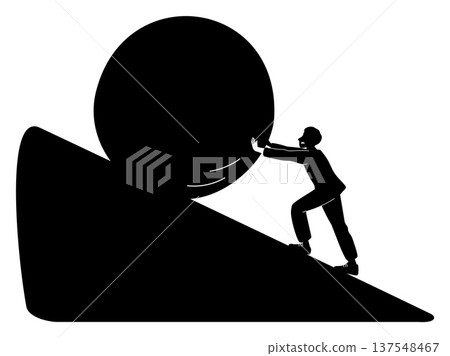 Black silhouette of businessman pushing large round stone uphill with efforts. Persons striving for success. Overcome challenge. Vector concept of difficulties in business and life Black silhouette of businessman pushing large round stone uphill with efforts. Persons striving for success. Overcome challenge. Vector concept of difficulties in business and life 137548467