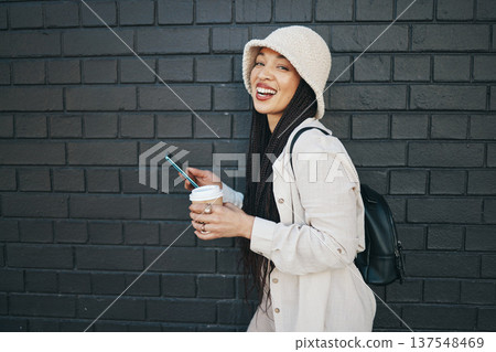 Portrait of happy woman with phone, wall background and urban fashion, social media chat and internet meme. Streetwear, gen z girl or online influencer with smartphone, smile and communication mockup Portrait of happy woman with phone, wall background and urban fashion, social media chat and internet meme. Streetwear, gen z girl or online influencer with smartphone, smile and communication mockup 137548469