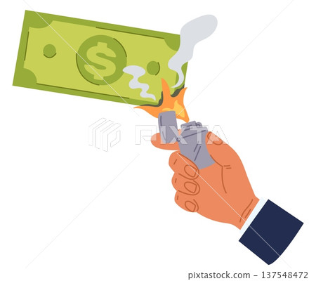 Businessmans hand lights banknote with dollar sign using lighter. Money igniting. Green bill burning. Economy crisis or inflation. Finance combustion. Financial recession. Vector concept Businessmans hand lights banknote with dollar sign using lighter. Money igniting. Green bill burning. Economy crisis or inflation. Finance combustion. Financial recession. Vector concept 137548472