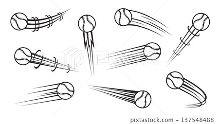 Flying baseball with airflow trails. Championship hit and pass. Movement trajectory. Streetball orb traces. Track effect. Speed motion. Vector set of black silhouettes on white background 137548488