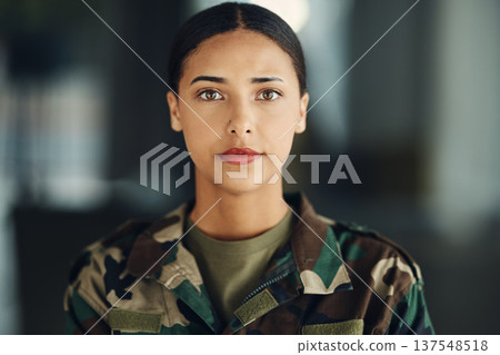 Portrait, soldier and woman with arms crossed, war and confidence with protection, veteran and proud. Face, person and hero with power, service and mindset with warrior, ready for army and military Portrait, soldier and woman with arms crossed, war and confidence with protection, veteran and proud. Face, person and hero with power, service and mindset with warrior, ready for army and military 137548518