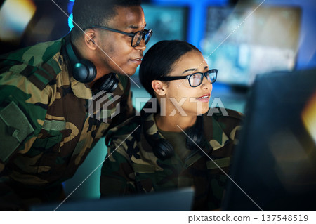 Military, surveillance and people with computer talking in office for cybersecurity, communication or control room monitor, Army, security and employees in collaboration on project, Military, surveillance and people with computer talking in office for cybersecurity, communication or control room monitor, Army, security and employees in collaboration on project, 137548519