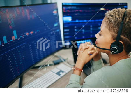 Business, computer screen and woman with investment, headphones and connection with data analysis. Person, programmer and investor with headset, pc and network with website information and internet 137548528