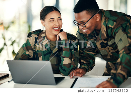 Laptop, friends and an army team laughing in an office on a military base camp together for training. Computer, happy or funny with a man and woman soldier working together on a winning strategy Laptop, friends and an army team laughing in an office on a military base camp together for training. Computer, happy or funny with a man and woman soldier working together on a winning strategy 137548530