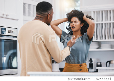 Stress, divorce and couple fighting in a kitchen with anxiety, debt or erectile dysfunction at home. Marriage, doubt and man with woman in a house for conflict, argue or liar, cheating or infertility Stress, divorce and couple fighting in a kitchen with anxiety, debt or erectile dysfunction at home. Marriage, doubt and man with woman in a house for conflict, argue or liar, cheating or infertility 137548551