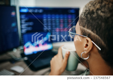 Computer screen, coffee cup and business woman with stock market analysis, crypto audit or monitor finance information. Espresso latte, face and broker work on trade review, sales or feedback numbers Computer screen, coffee cup and business woman with stock market analysis, crypto audit or monitor finance information. Espresso latte, face and broker work on trade review, sales or feedback numbers 137548567