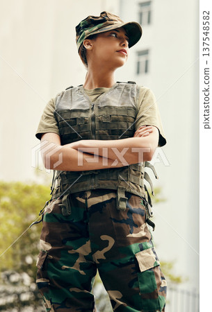 Army, thinking and arms crossed with a confident woman in uniform for safety, service or patriotism Military, idea and a serious young war soldier looking confident or ready for battle in camouflage 137548582