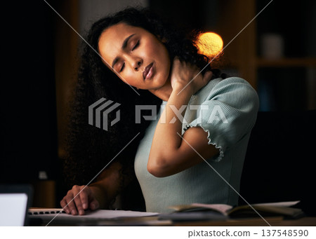 Woman at office, neck pain and burnout, night work and fatigue with deadline, spine and bad posture at desk. Health, wellness and working overtime, stress and muscle tension with tired employee Woman at office, neck pain and burnout, night work and fatigue with deadline, spine and bad posture at desk. Health, wellness and working overtime, stress and muscle tension with tired employee 137548590