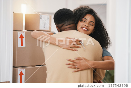 Happy couple, hug and real estate in new home, moving in or boxes for investment or ownership together. Man and woman with keys in embrace for property, relocation or renovation in house mortgage Happy couple, hug and real estate in new home, moving in or boxes for investment or ownership together. Man and woman with keys in embrace for property, relocation or renovation in house mortgage 137548596