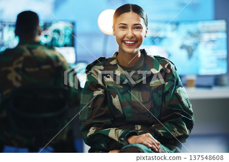 Portrait, smile and a woman in an army control room for strategy as a soldier in uniform during war or battle. Face, happy and young military person in an office for support, surveillance or service Portrait, smile and a woman in an army control room for strategy as a soldier in uniform during war or battle. Face, happy and young military person in an office for support, surveillance or service 137548608