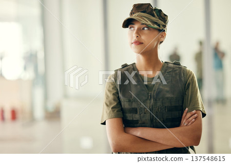 Military, idea and arms crossed with a woman soldier in uniform for safety, service or patriotism Army, thinking and a serious young war hero looking confident or ready for battle in camouflage Military, idea and arms crossed with a woman soldier in uniform for safety, service or patriotism Army, thinking and a serious young war hero looking confident or ready for battle in camouflage 137548615