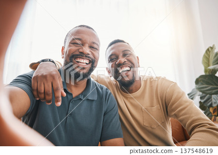 Happy black man, friends and selfie in photography, bonding or friendship together on sofa at home. Portrait of African male person smile for picture, photo or memory in social media or vlog in house Happy black man, friends and selfie in photography, bonding or friendship together on sofa at home. Portrait of African male person smile for picture, photo or memory in social media or vlog in house 137548619