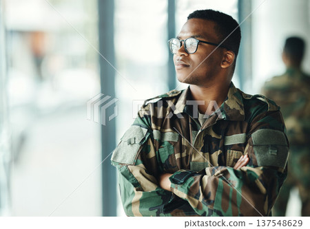 Confident soldier thinking, mockup and arms crossed in army building, pride and professional hero service. Military career, security and courage, black man in camouflage uniform at government agency. 137548629